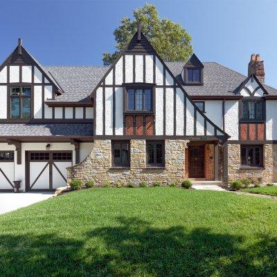 front exterior with new garage and main suite addition